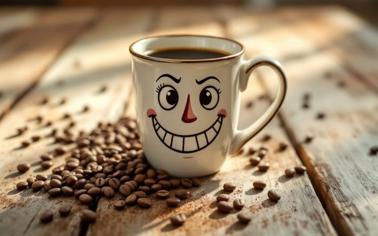 une-tasse-a-cafe-amusante-avec-un-design-original-posee-sur-une-table-en-bois-rustique-entouree-de-grains-de-cafe-illuminee-par-une-douce-lumiere-du-matin