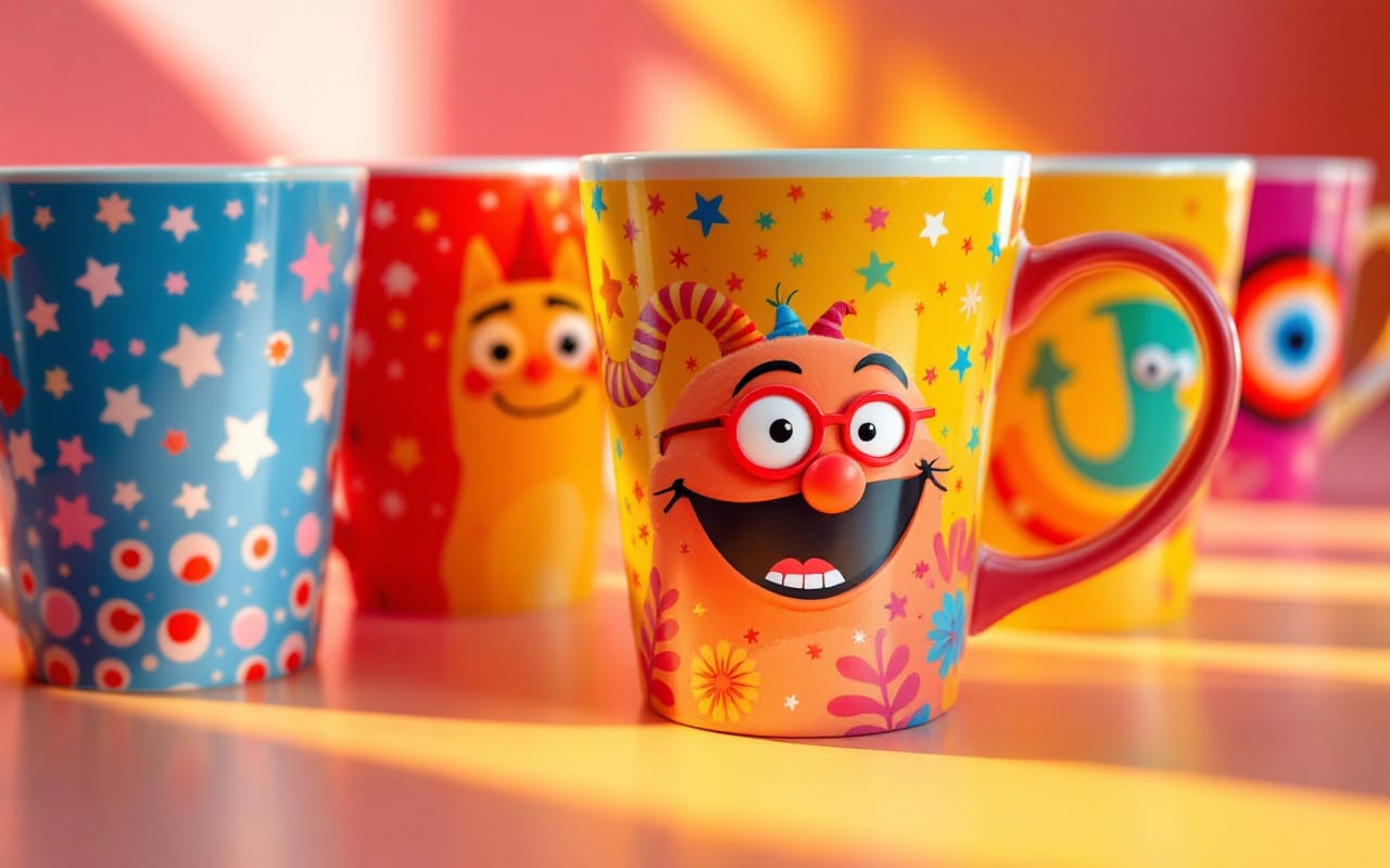 Image de tasses color&eacute;es avec des designs humoristiques, pr&eacute;sentant des motifs vibrants dans des couleurs vives, dans un d&eacute;cor lumineux et joyeux.