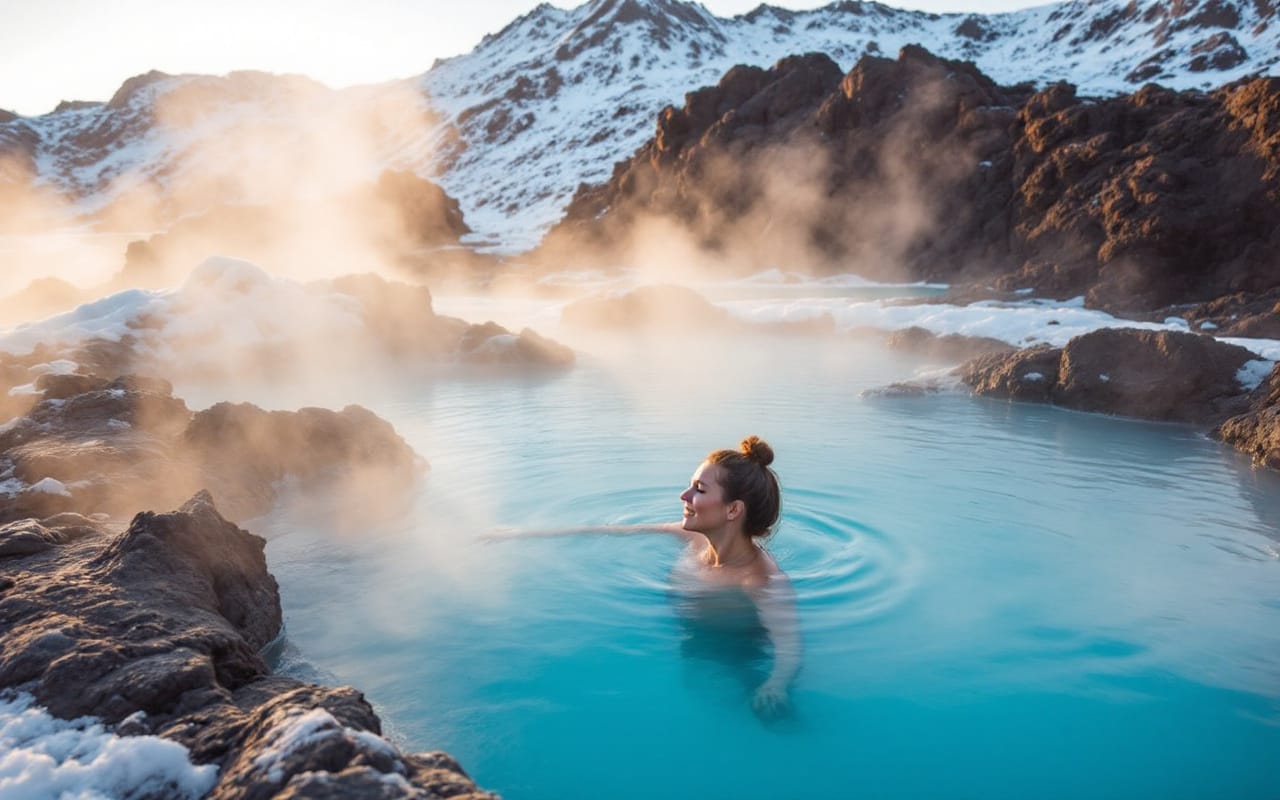 Une personne se d&eacute;tend dans des sources chaudes en Islande, entour&eacute;e de vapeur, avec un paysage volcanique en arri&egrave;re-plan et une lumi&egrave;re dor&eacute;e du coucher de soleil.