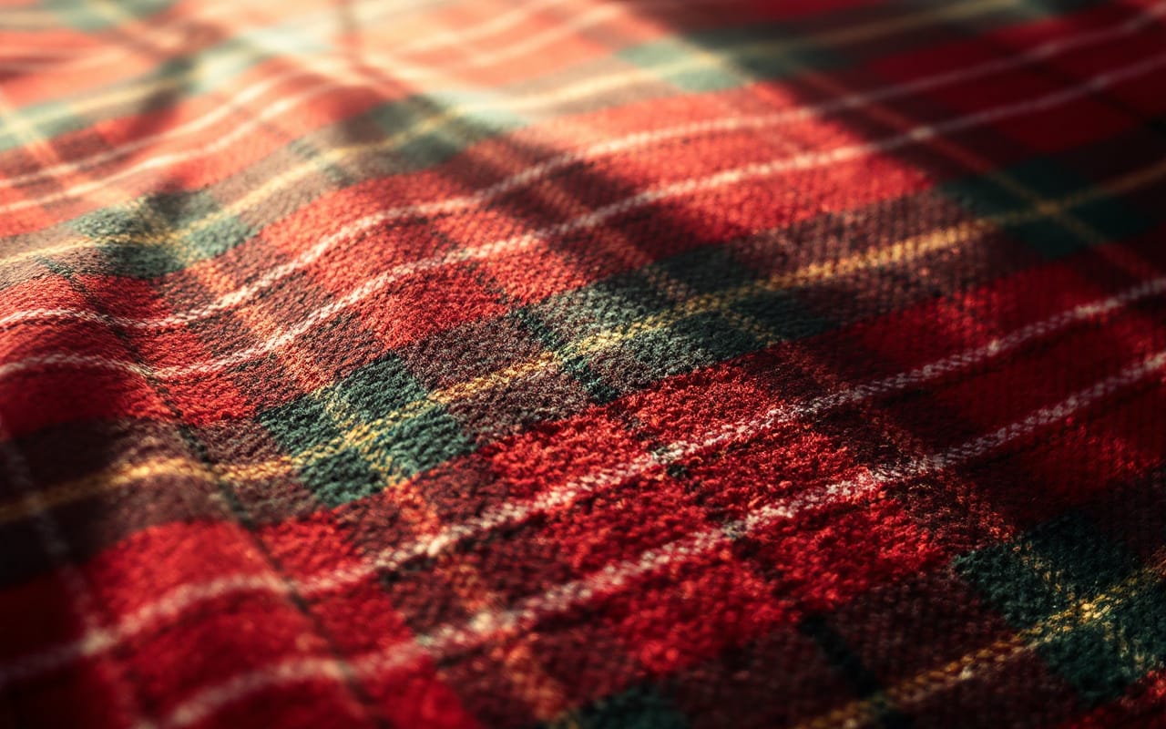Gros plan d'un motif de tissu tartan, pr&eacute;sentant des nuances de rouge et de vert, mettant en valeur les d&eacute;tails complexes du tissage.