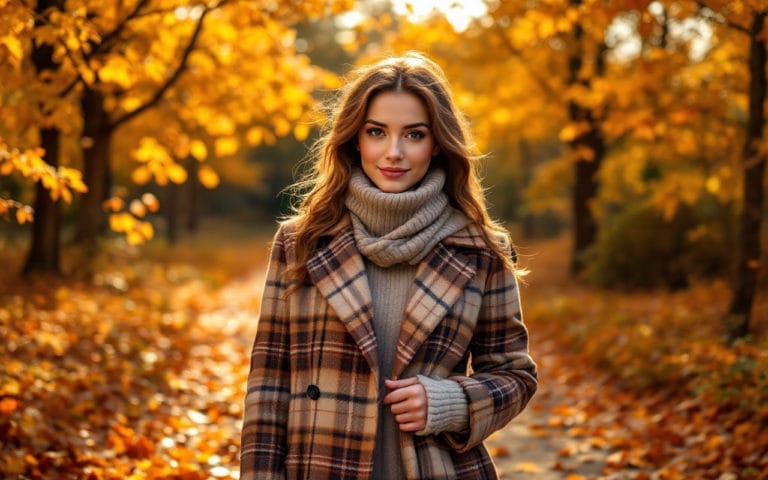 une-personne-portant-un-manteau-a-carreaux-style-se-tenant-dans-un-parc-automnal-vibrant-entouree-de-feuilles-dorees-avec-une-douce-lumiere-du-soleil-filtrant-a-travers-les-arbres