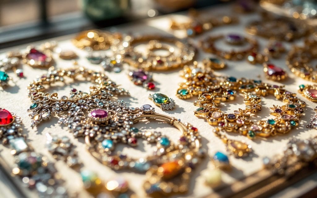 une-vitrine-presentant-des-designs-de-bijoux-intriques-mettant-en-avant-des-motifs-elabores-et-des-pierres-precieuses-eclairee-par-une-lumiere-naturelle