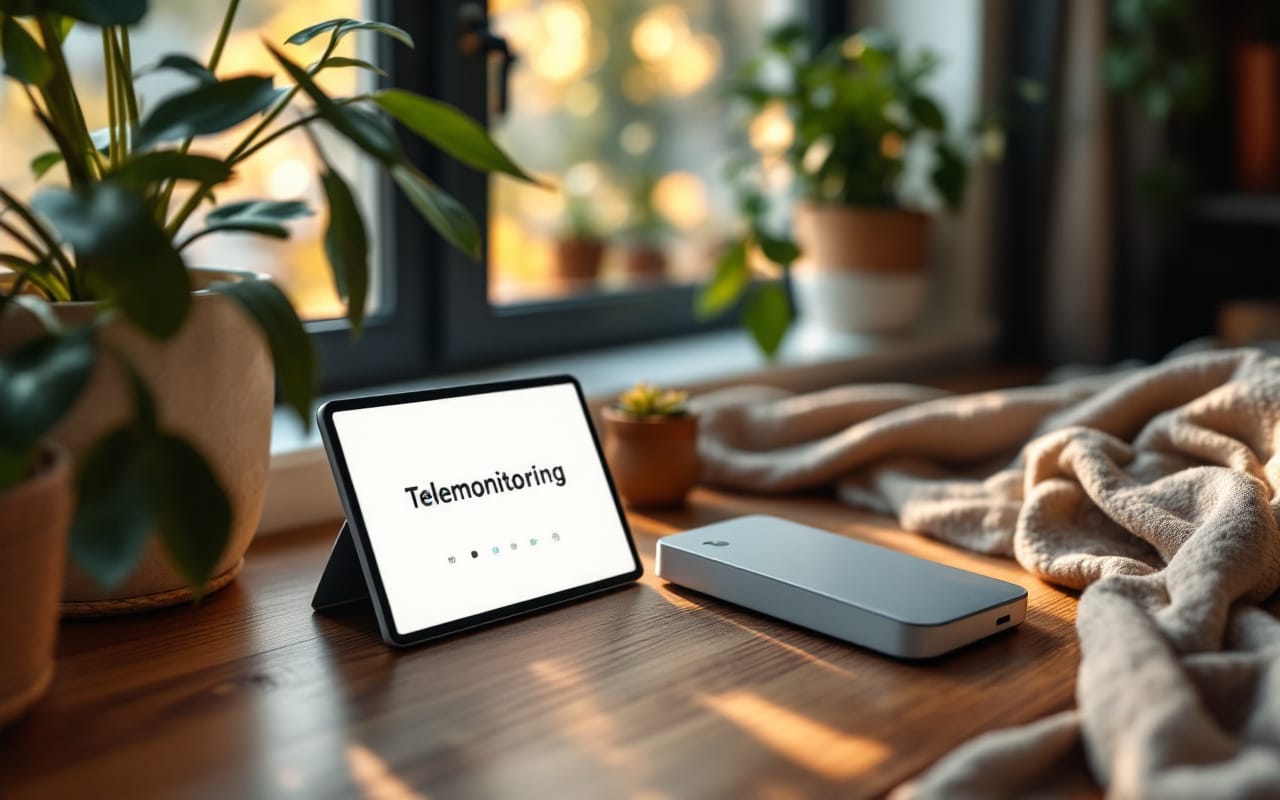 Un dispositif de t&eacute;l&eacute;surveillance moderne plac&eacute; sur un bureau en bois dans un cadre accueillant, entour&eacute; de textiles doux et de plantes d'int&eacute;rieur, baign&eacute; d'une lumi&egrave;re ambiante chaleureuse provenant d'une fen&ecirc;tre.