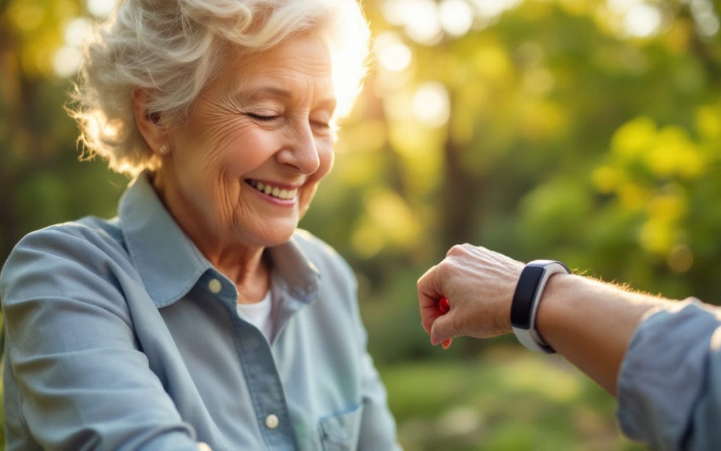 une-personne-agee-utilisant-un-bracelet-de-securite-souriante-assise-dans-un-cadre-naturel-avec-de-la-lumiere-douce-filtrant-a-travers-les-arbres