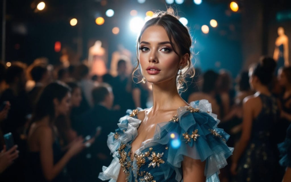 une-femme-portant-une-robe-elegante-lors-dun-evenement-de-mode-avec-un-eclairage-doux-et-une-ambiance-chaleureuse-entouree-dinvites-glamour