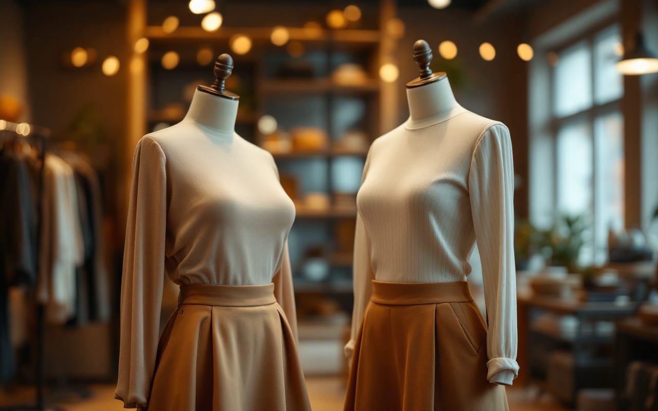 Une tenue stylis&eacute;e pour une silhouette en A pr&eacute;sent&eacute;e sur un mannequin, mettant en avant un haut ajust&eacute; et une jupe &eacute;vas&eacute;e dans des tons chauds, expos&eacute;e dans une boutique &eacute;clair&eacute;e de mani&egrave;re douce.