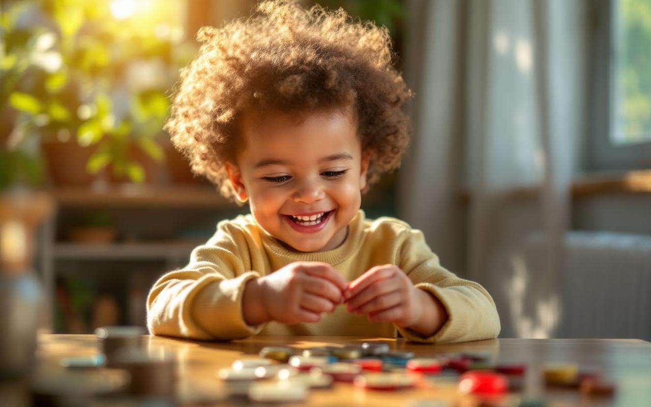 Un enfant souriant assis &agrave; une table en bois en train de compter des pi&egrave;ces de monnaie, avec des rayons de soleil qui illuminent la sc&egrave;ne et des pi&egrave;ces color&eacute;es &eacute;parpill&eacute;es autour de lui.
