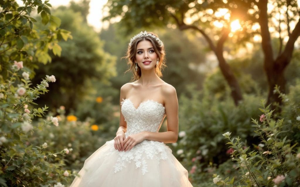 une-invitee-de-mariage-elegante-portant-une-belle-robe-entouree-de-verdure-luxuriante-avec-un-coucher-de-soleil-en-arriere-plan-creant-une-atmosphere-chaleureuse-et-romantique