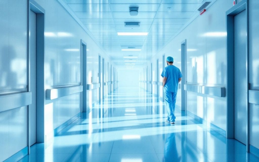 un-travailleur-medical-se-tenant-dans-un-couloir-vide-dun-hopital-avec-des-murs-blancs-et-un-eclairage-brillant-qui-cree-une-atmosphere-de-solitude
