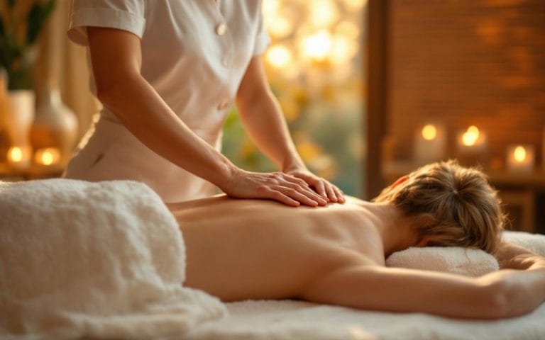 Un massothérapeute effectue un effleurage relaxant sur le dos d'un client allongé, dans une salle de spa chaleureuse aux tons beige et ambre, éclairée par une lumière douce de coucher de soleil, ambiance apaisante.