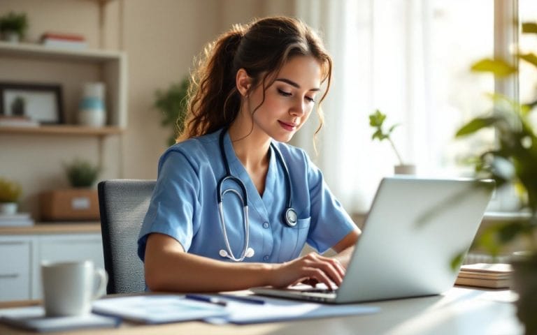 Professionnel de santé freelance assis à un bureau à domicile, travaillant sur un ordinateur portable pour la comptabilité, stéthoscope et dossiers médicaux à portée de main, écran affichant un tableur, lumière naturelle matinale, tons beige chaud et bleu doux.
